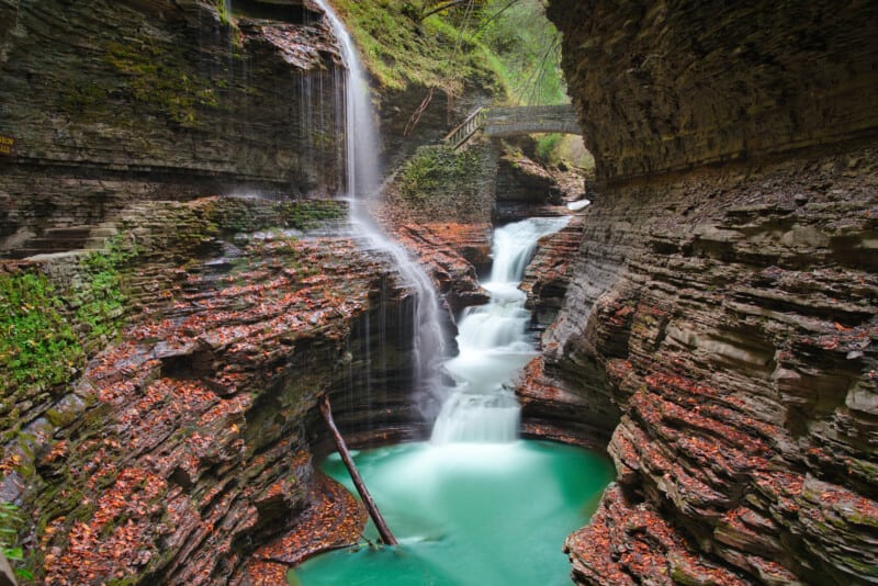 A waterfall with a bridge against the backdrop of a rocky canyon - visit Watkins Glen with your pet