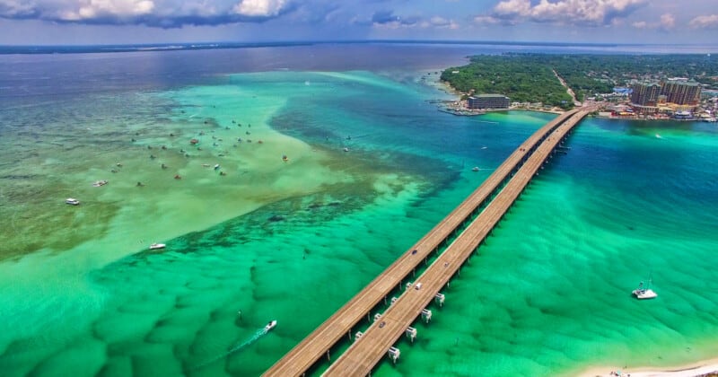 Aerial view of Seven Miles bridge above blue water in Florida, USA
